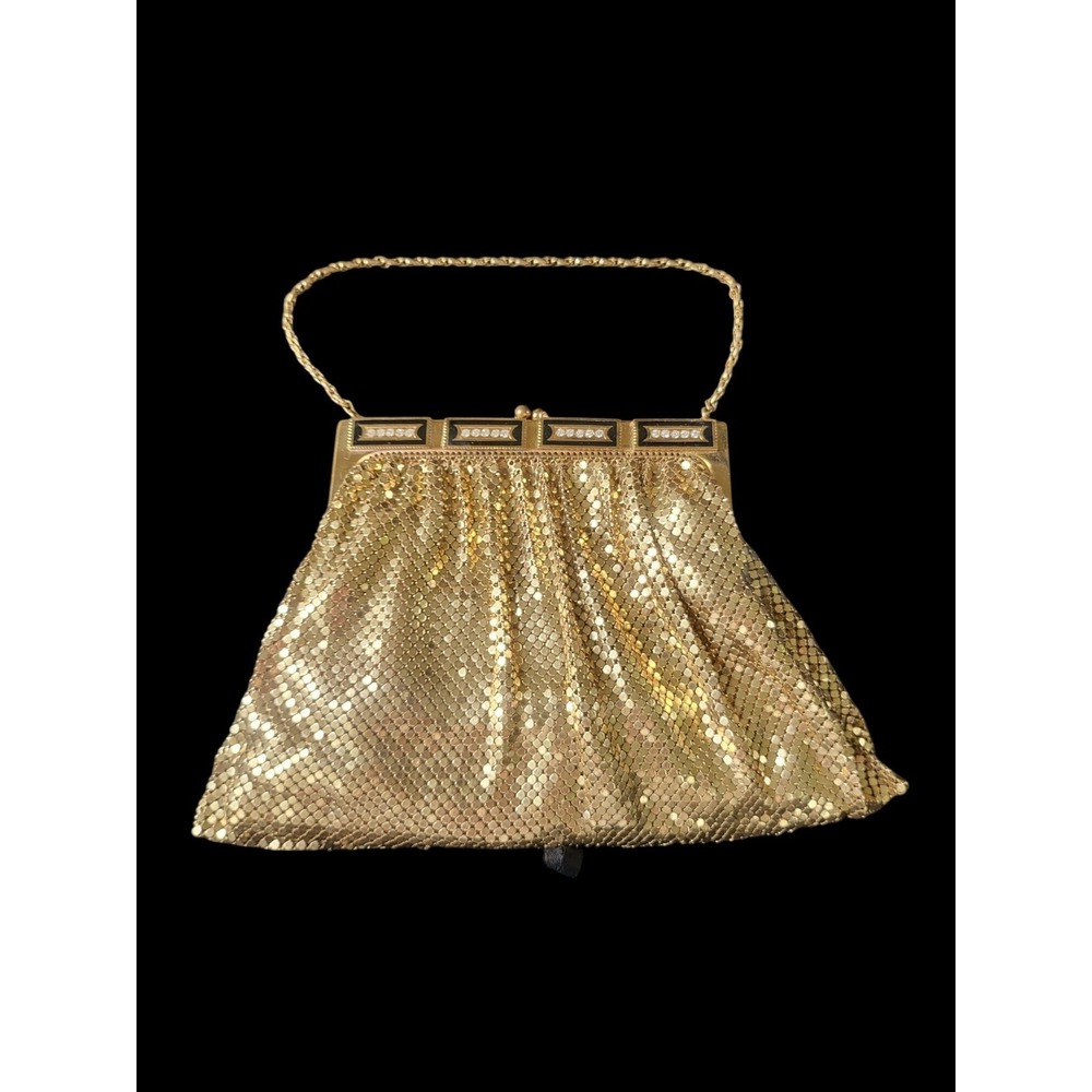 Whiting & Davis Gold Mesh Bag Black Enamel Rhinestone Clasp Vintage Art Deco